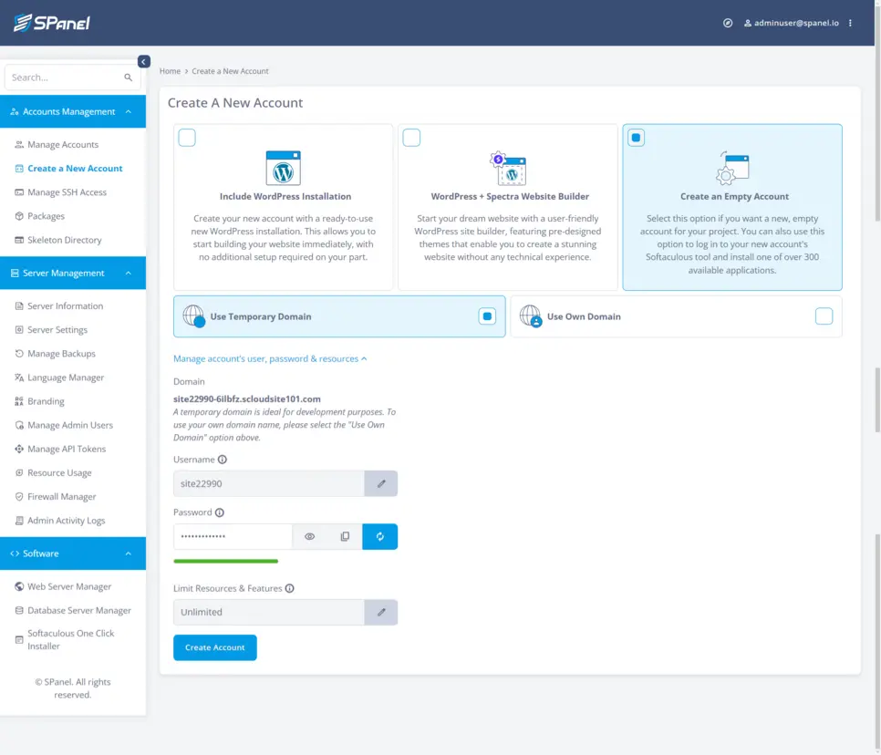 Dashboard interface of ScalaHosting SPanel