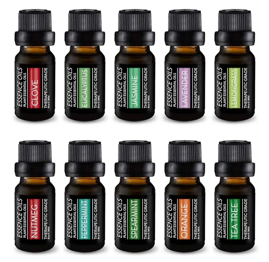 Bottles of essential oils arranged neatly